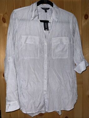 Express White Button-Down Blouse with Black Micro Dot Print